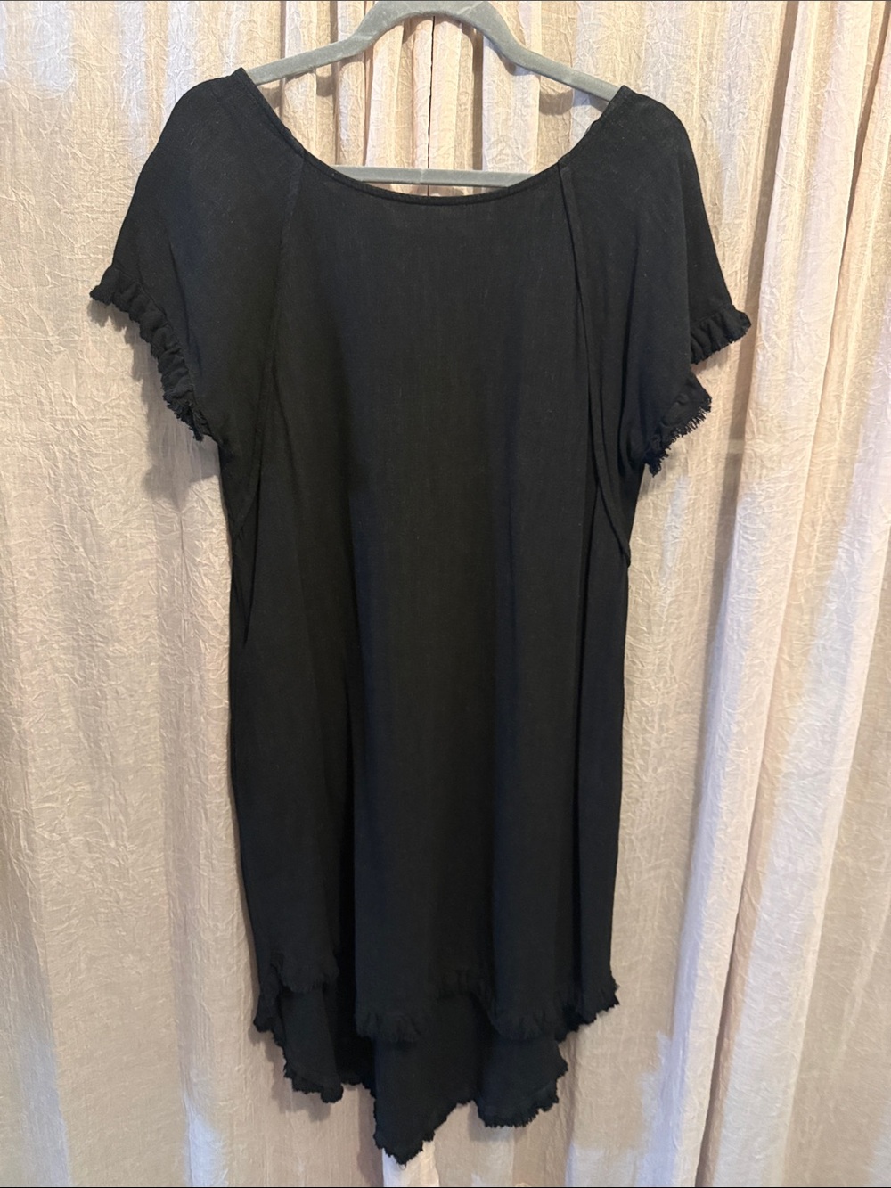 Women's Black High-Low Short Sleeve Dress with Frayed Trim